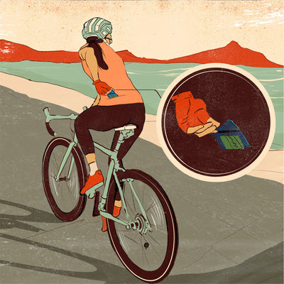 illustration of a woman on a bike pulling Fierce Hazel pouch from jersey pocket looking at ocean