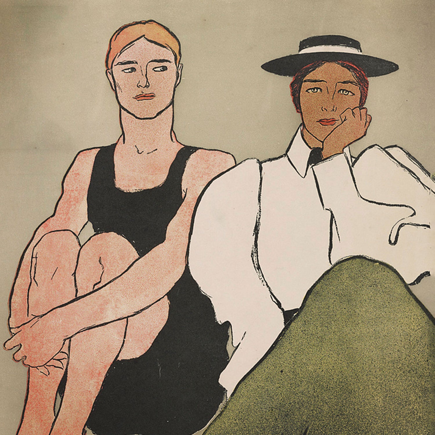 Vintage illustration from Harpers Magazine of a man in a bathing suit and a woman in a hat