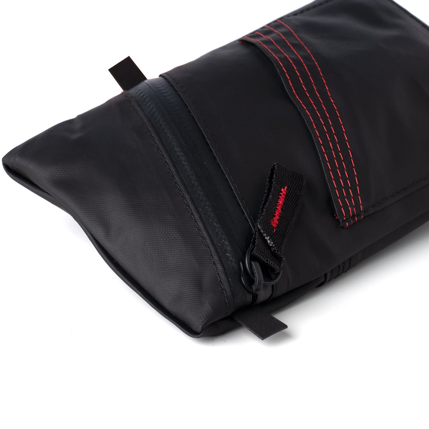 Angled view of Fierce Hazel ballistic black cycling ride pouch weatherproof durable rainproof super functional utilitarian