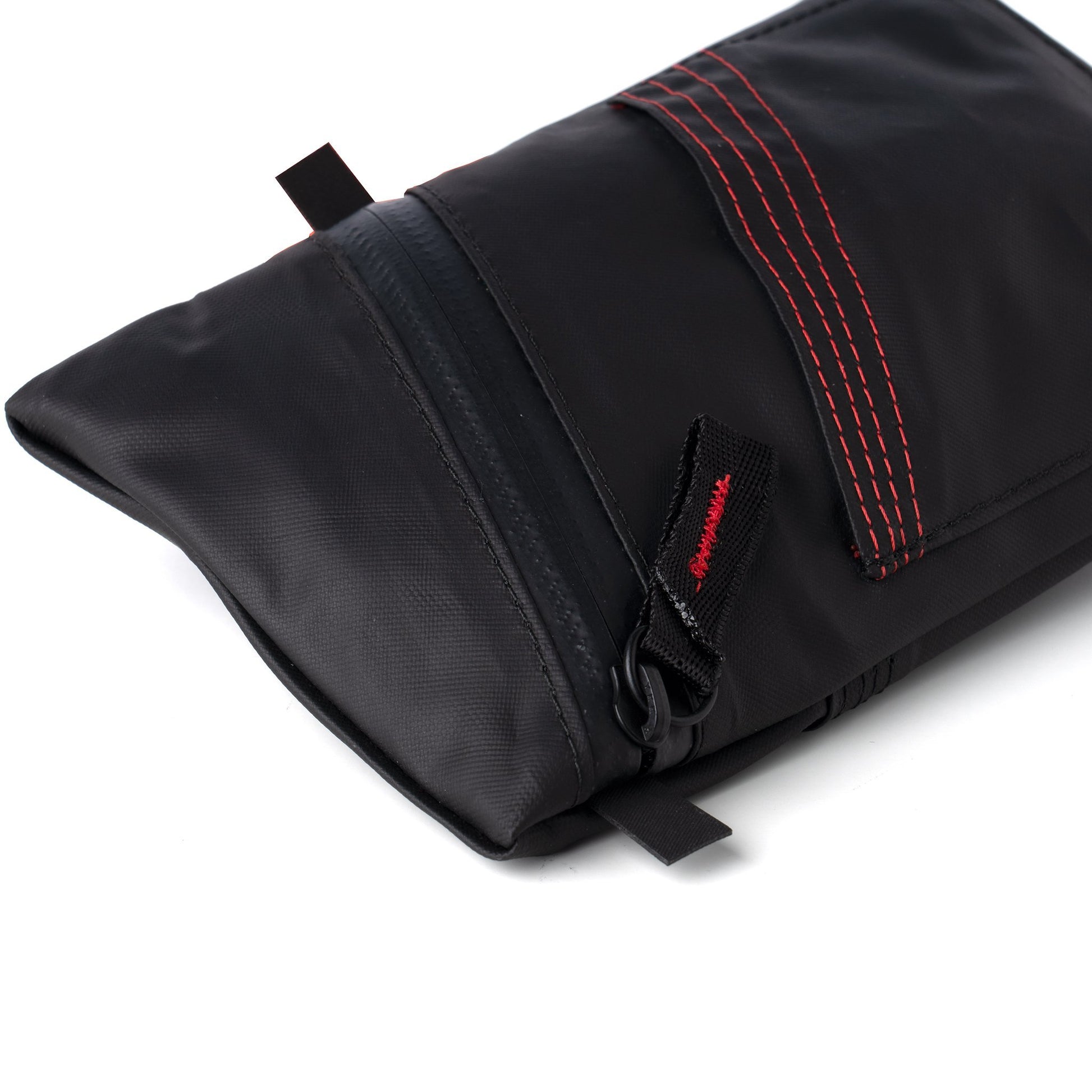 Angled view of Fierce Hazel ballistic black cycling ride pouch weatherproof durable rainproof super functional utilitarian