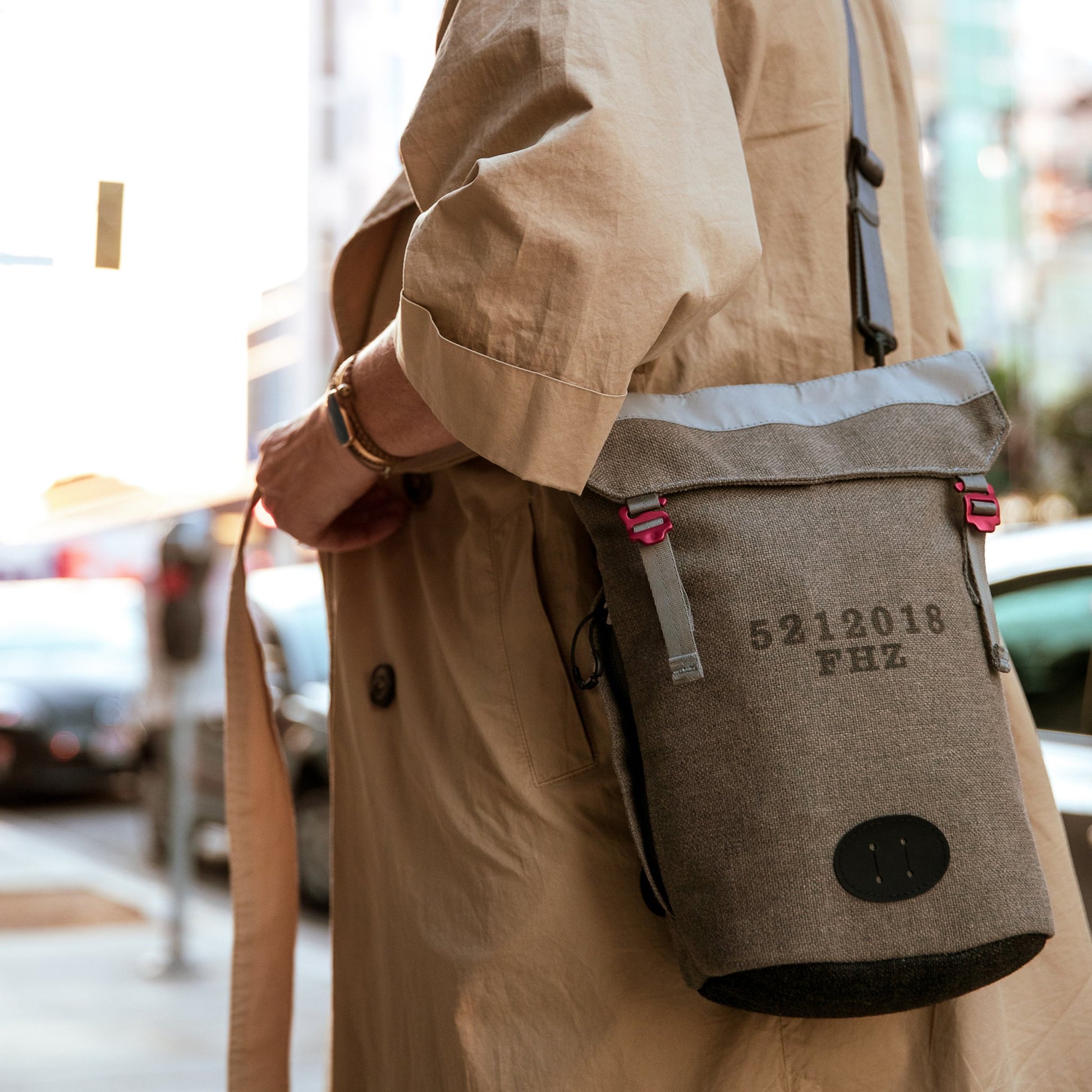 Woman with a cross-body Fierce Hazel bag in Los Angeles California. It is durable, water-resistant, lightweight and strong