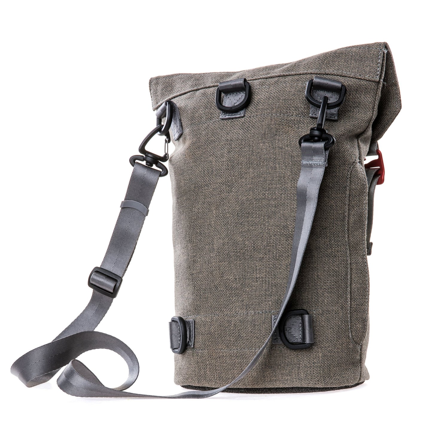 Side of a Fierce Hazel convertible backpack made with sustainable fabric.showing cross-body style. Functional, rugged and water-resistant it is military styled but beautiful