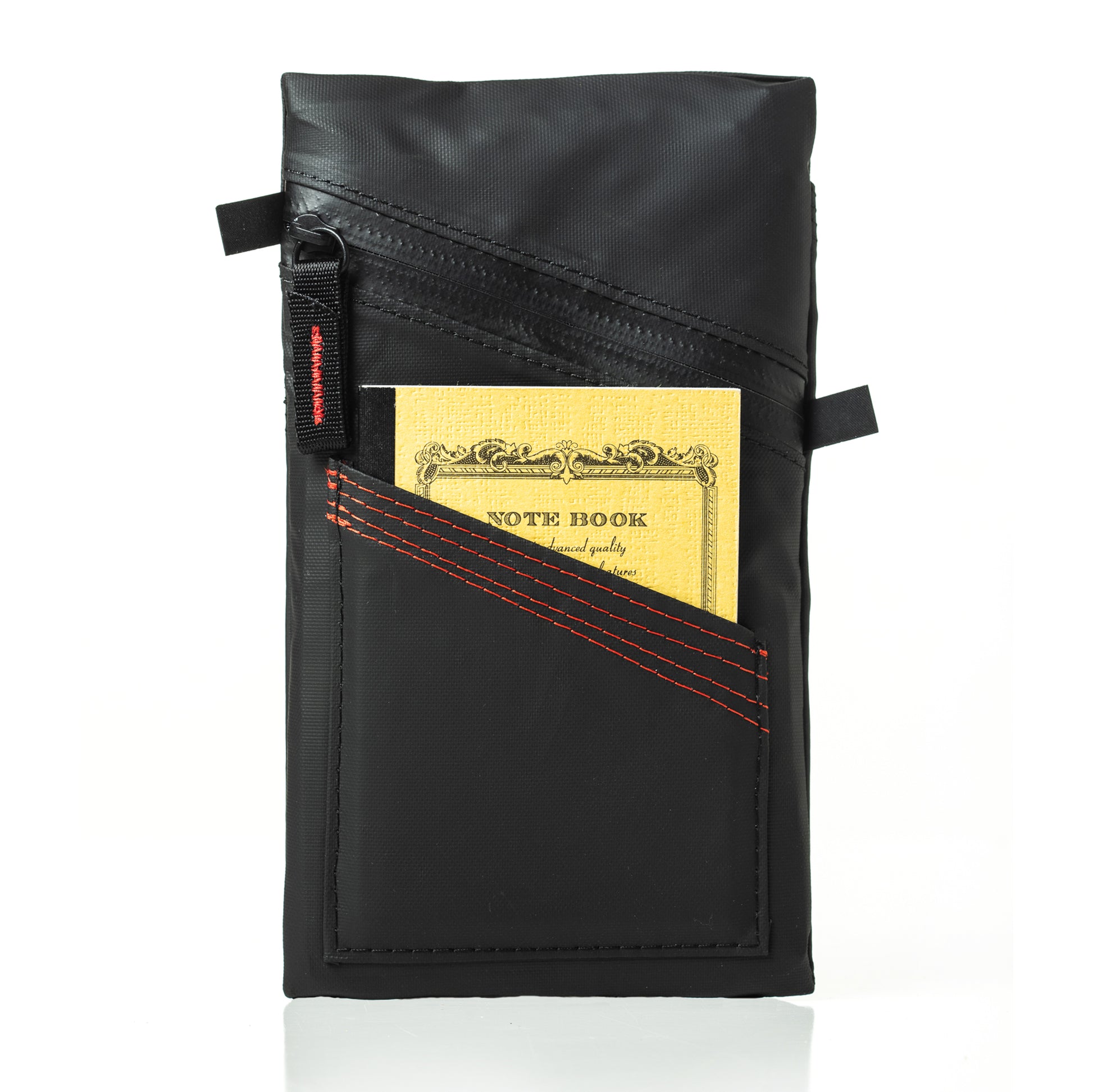 Front view with note book of Fierce Hazel Echelon Pouch in Ballistic black in two sizes. Cycling ride pouch weatherproof durable rainproof phone cycling wallet
