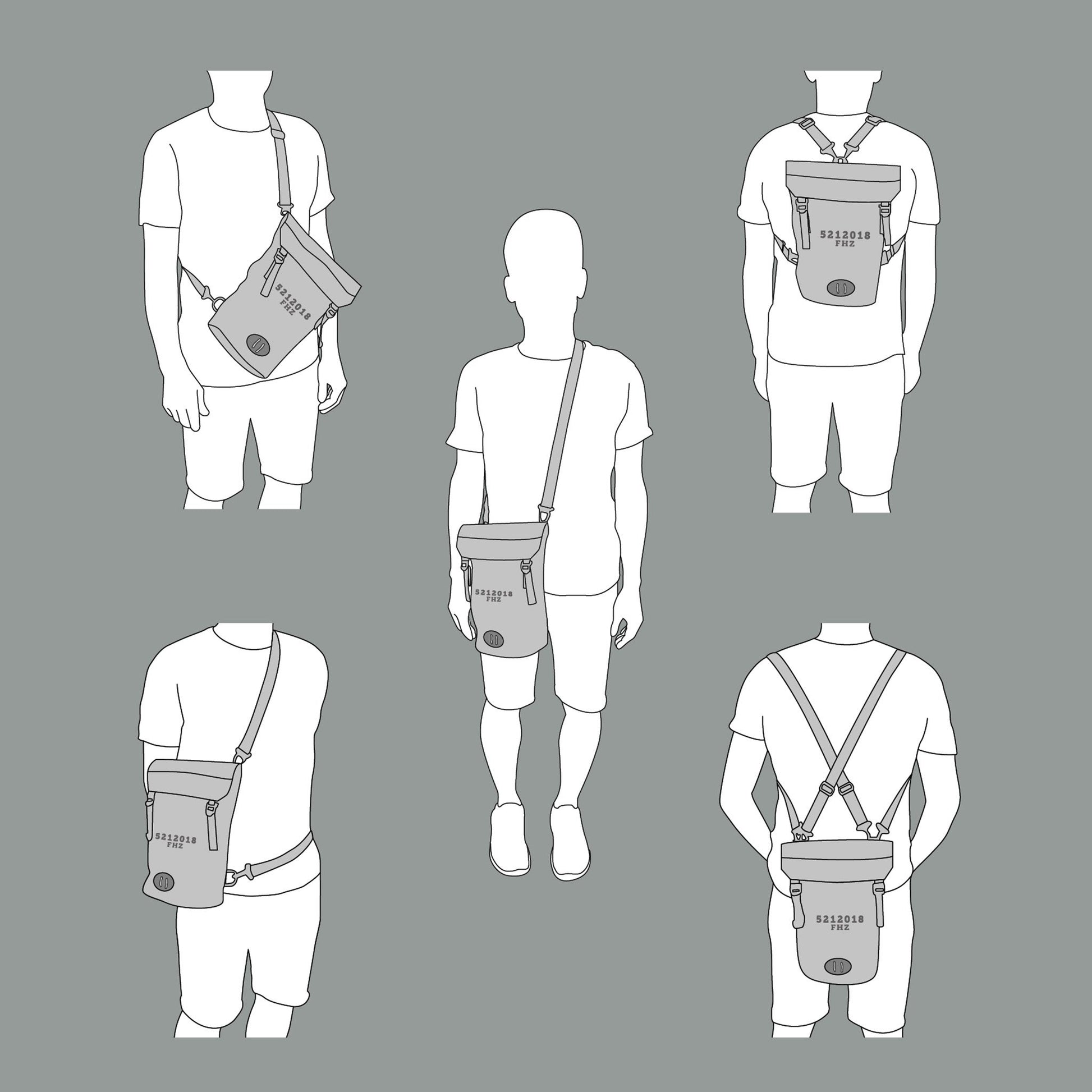 Illustration showing 5 different ways to wear the Fierce Hazel Evolution Convertible backpack